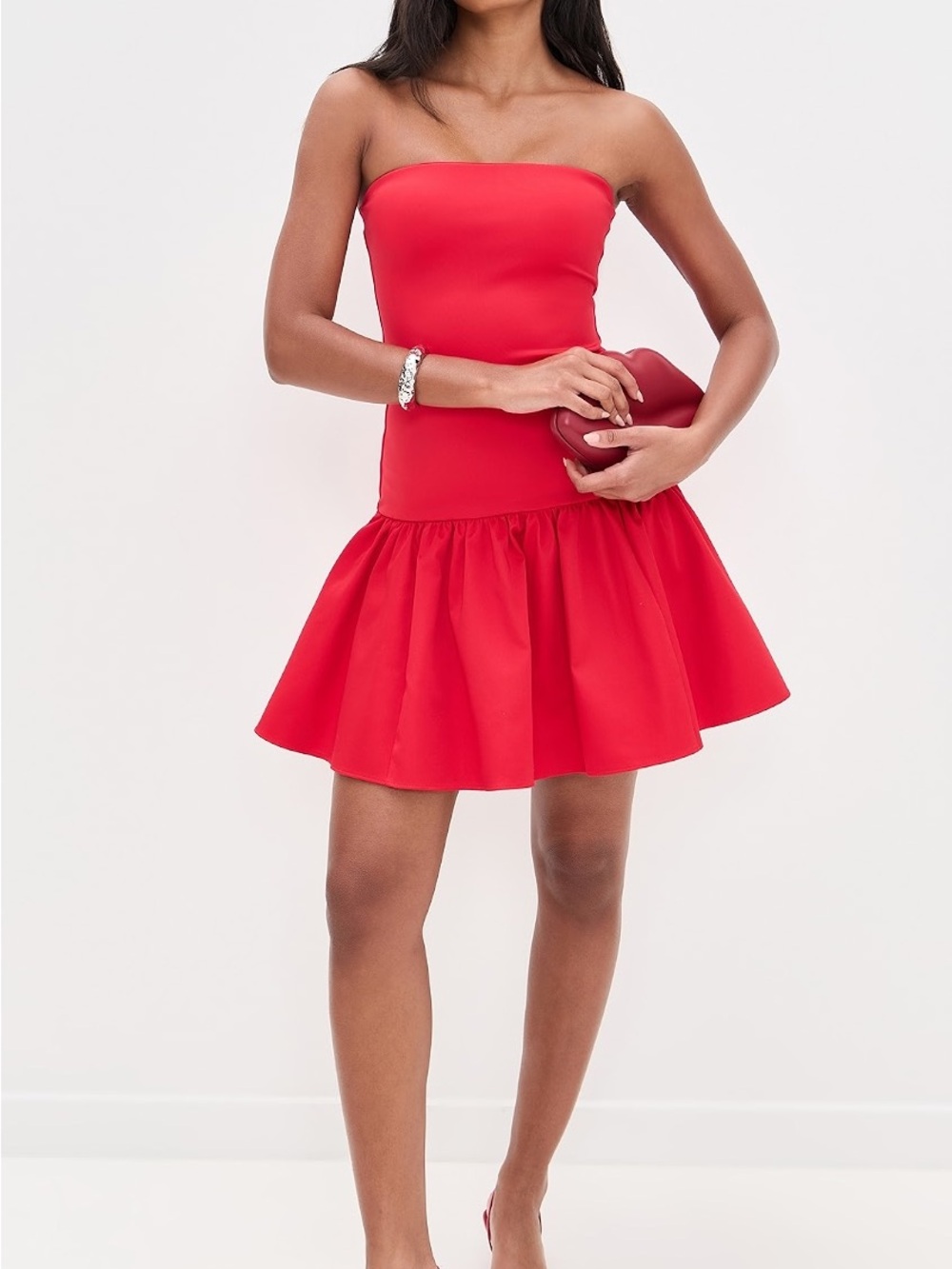 NEW WITH TAGS- Alice + Olivia Bold Red Strapless Ruffle-Hem Mini Dress